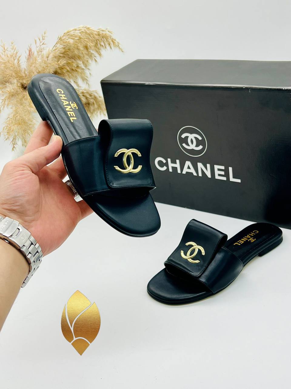 Chanel CC Logo Leather Slides Black