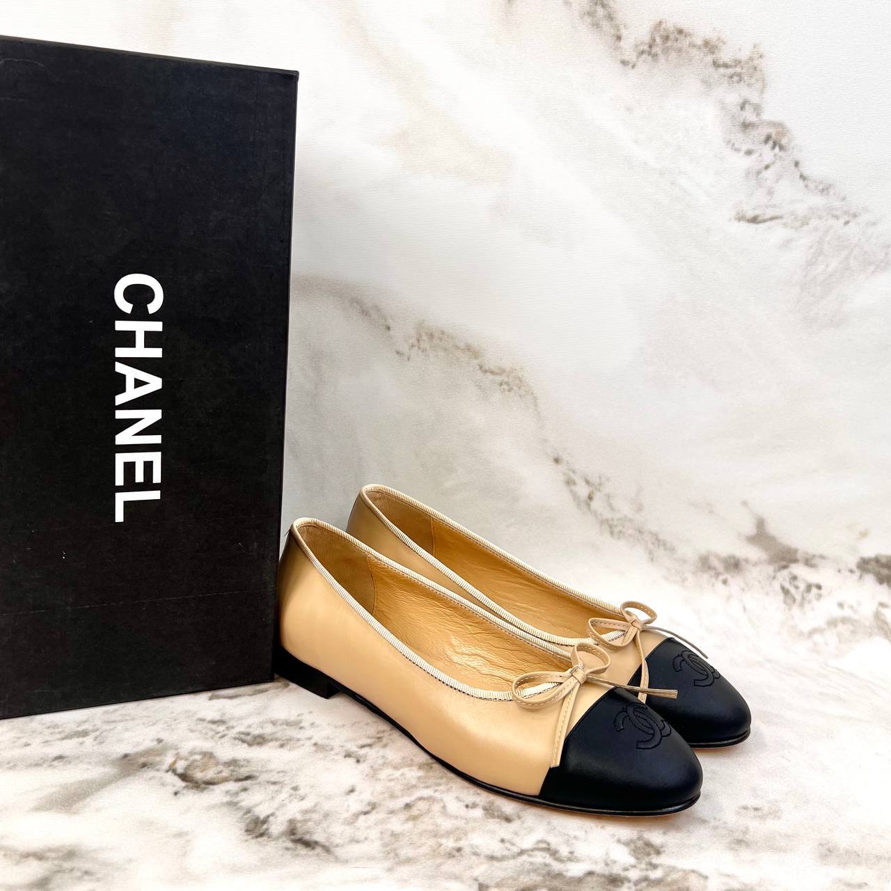 Chanel Ballerina Flats Beige Black Cap Toe