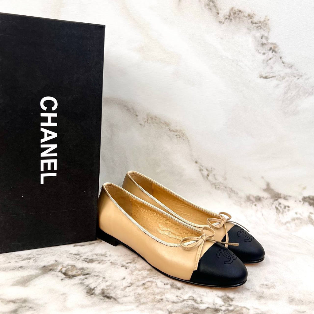 Chanel Ballerina Flats Beige Black Cap Toe