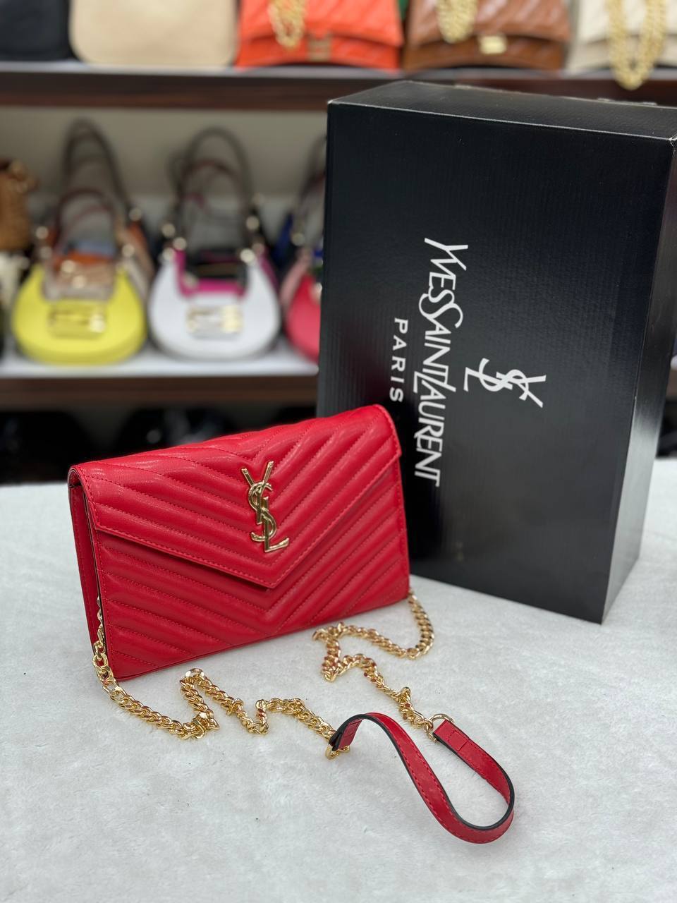 Saint Laurent Monogram Envelope Chain Wallet Red