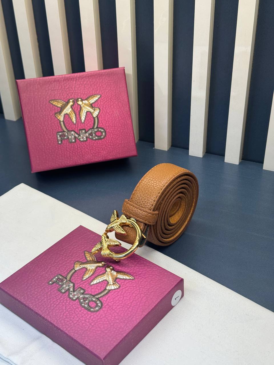 Pinko Love Birds Leather Belt Camel