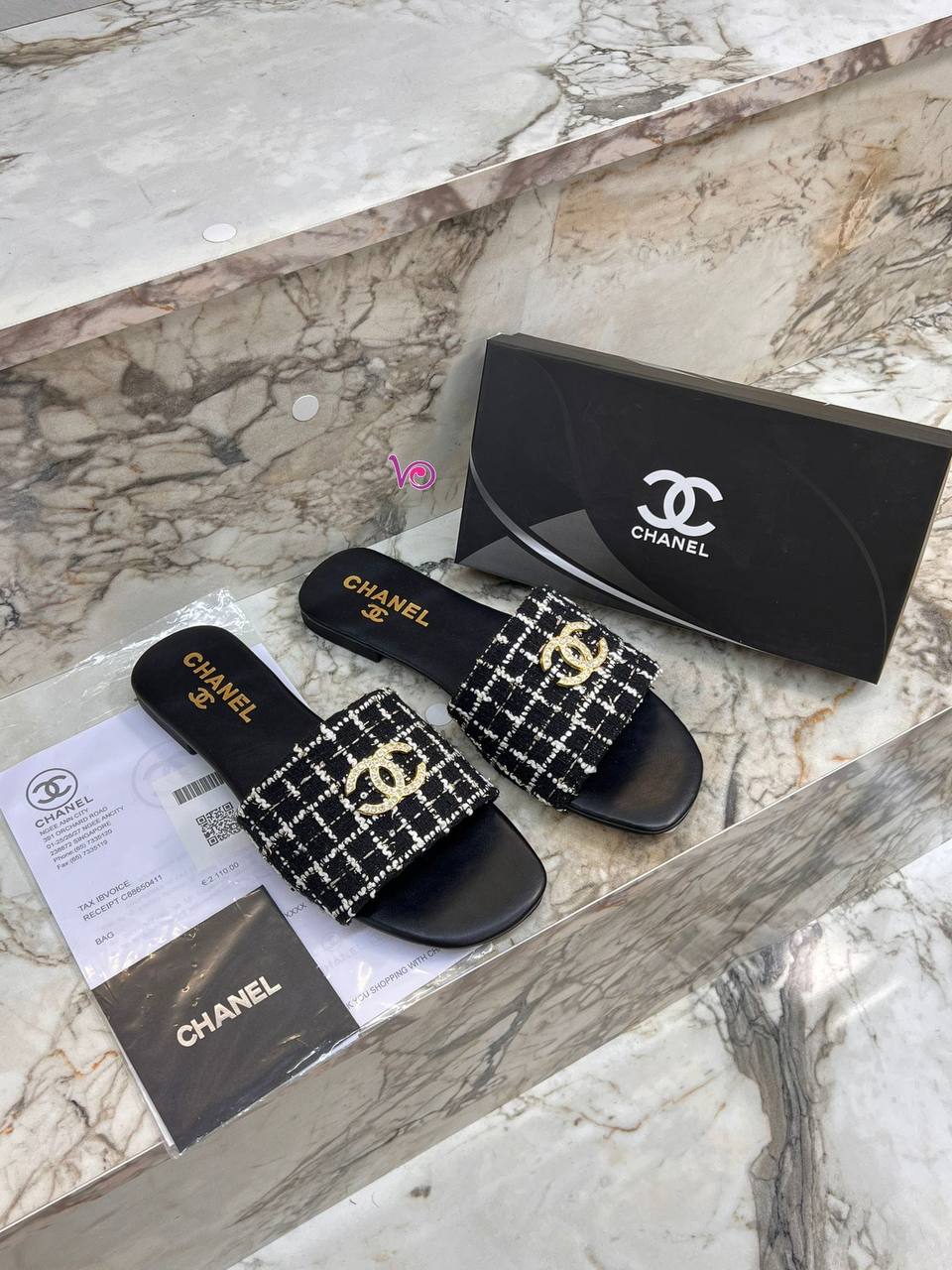 Chanel Tweed Slide Sandals Black