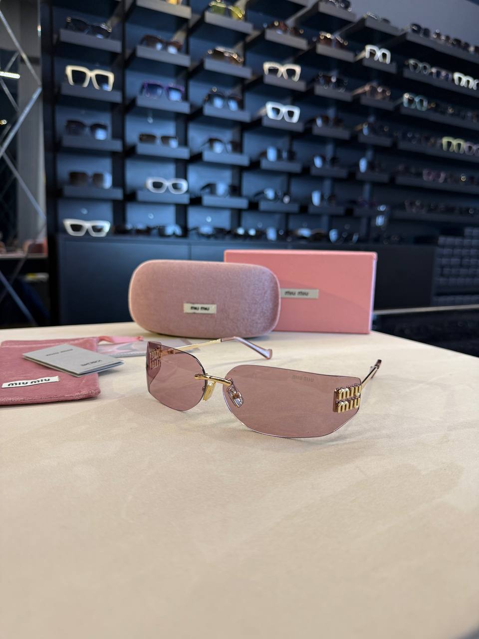 Miu Miu Rimless Sunglasses Pink Lenses Gold Details