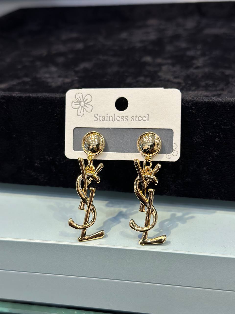 YSL Gold Logo Drop Earrings