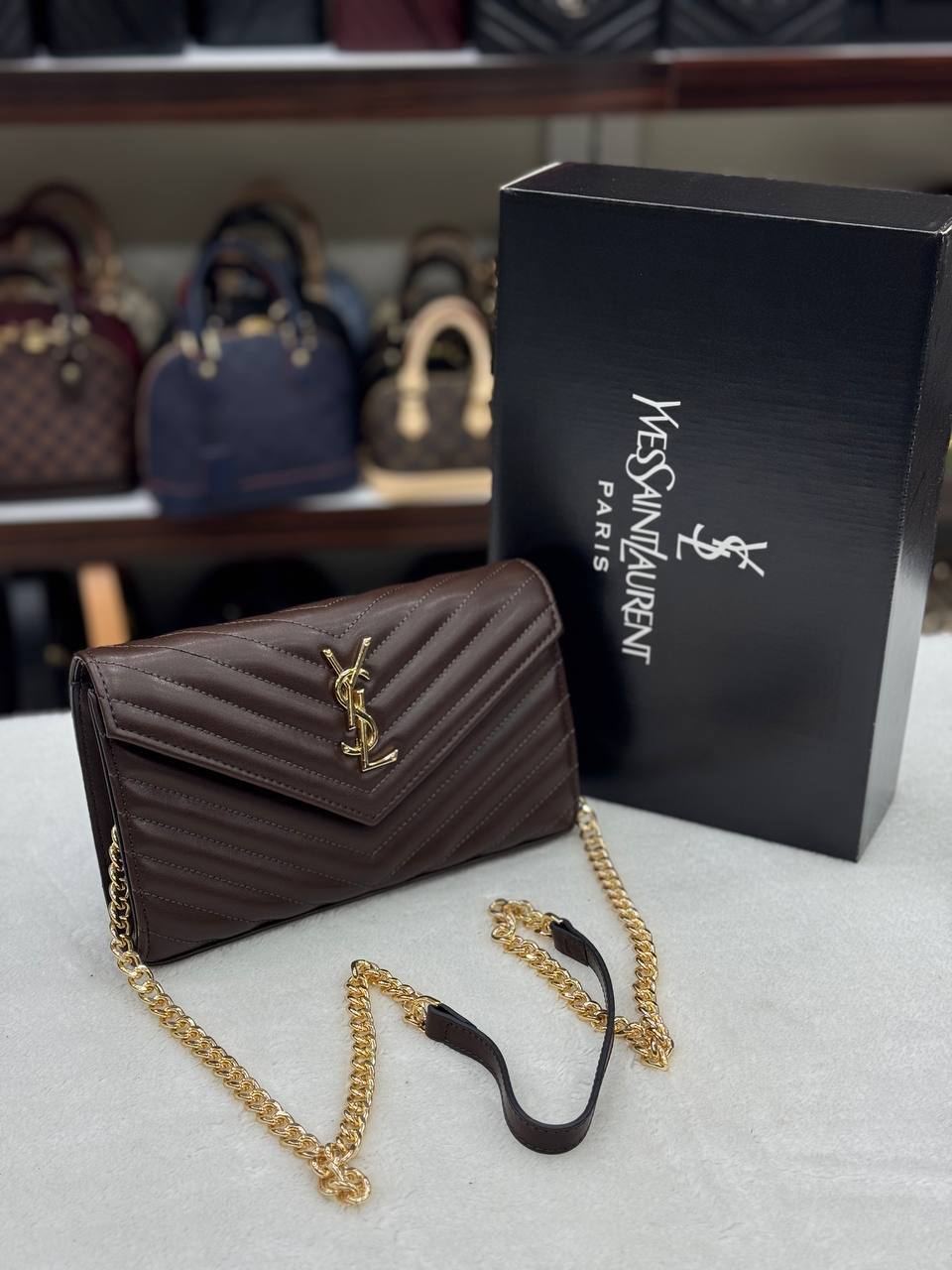 Saint Laurent Monogram Envelope Chain Wallet Brown