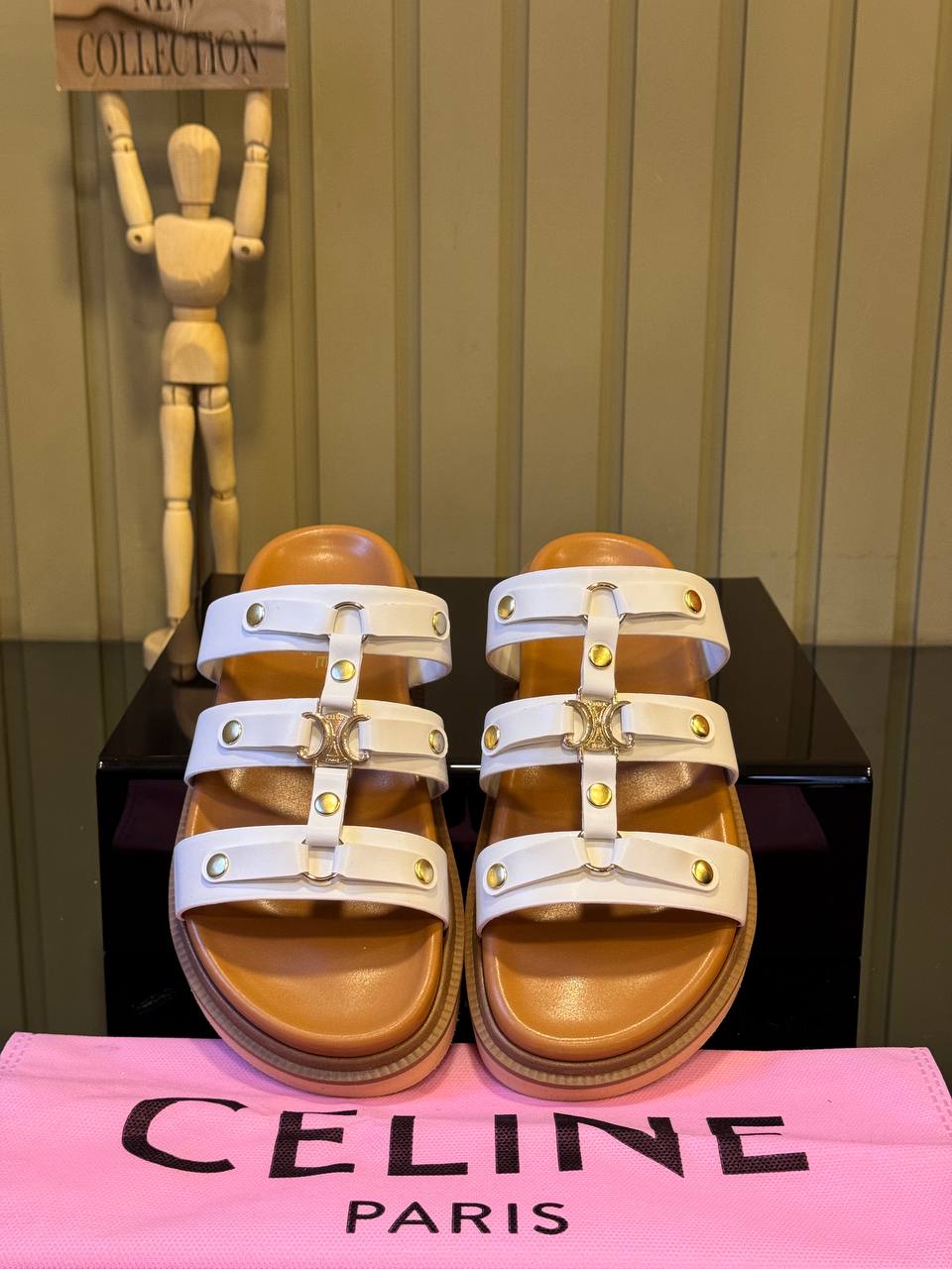 CELINE Leather Slide Sandals White