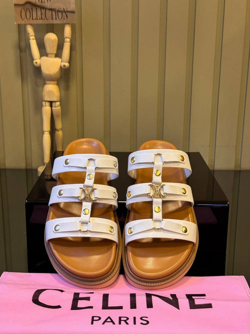 CELINE Leather Slide Sandals White