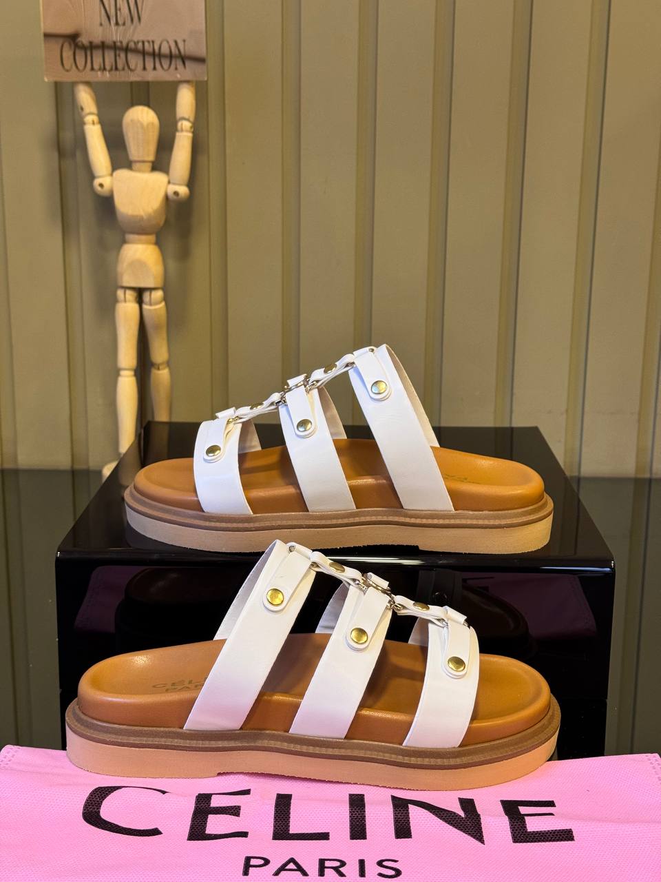 CELINE Leather Slide Sandals White