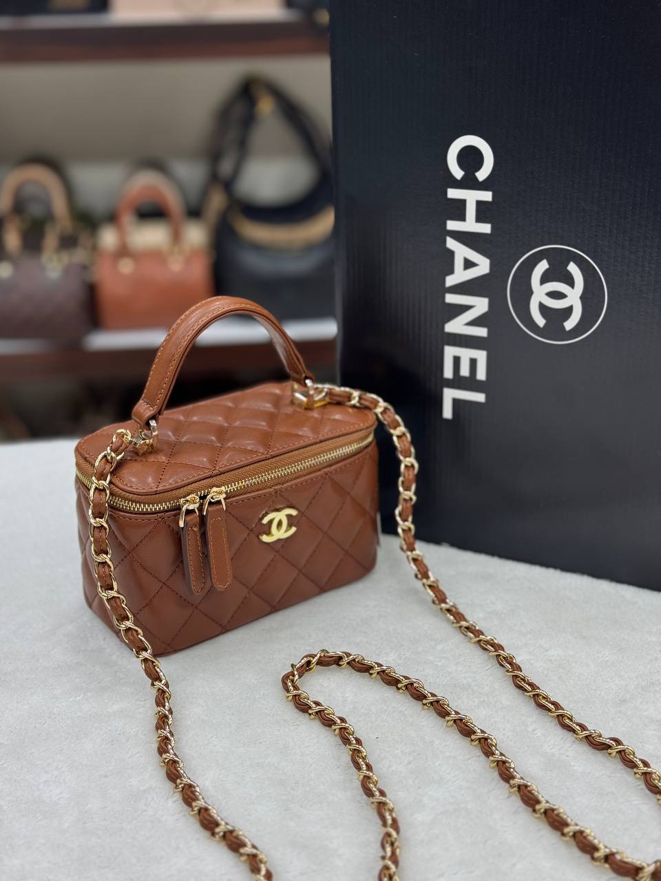 Chanel Vanity Case Bag Camel Quilted Leather