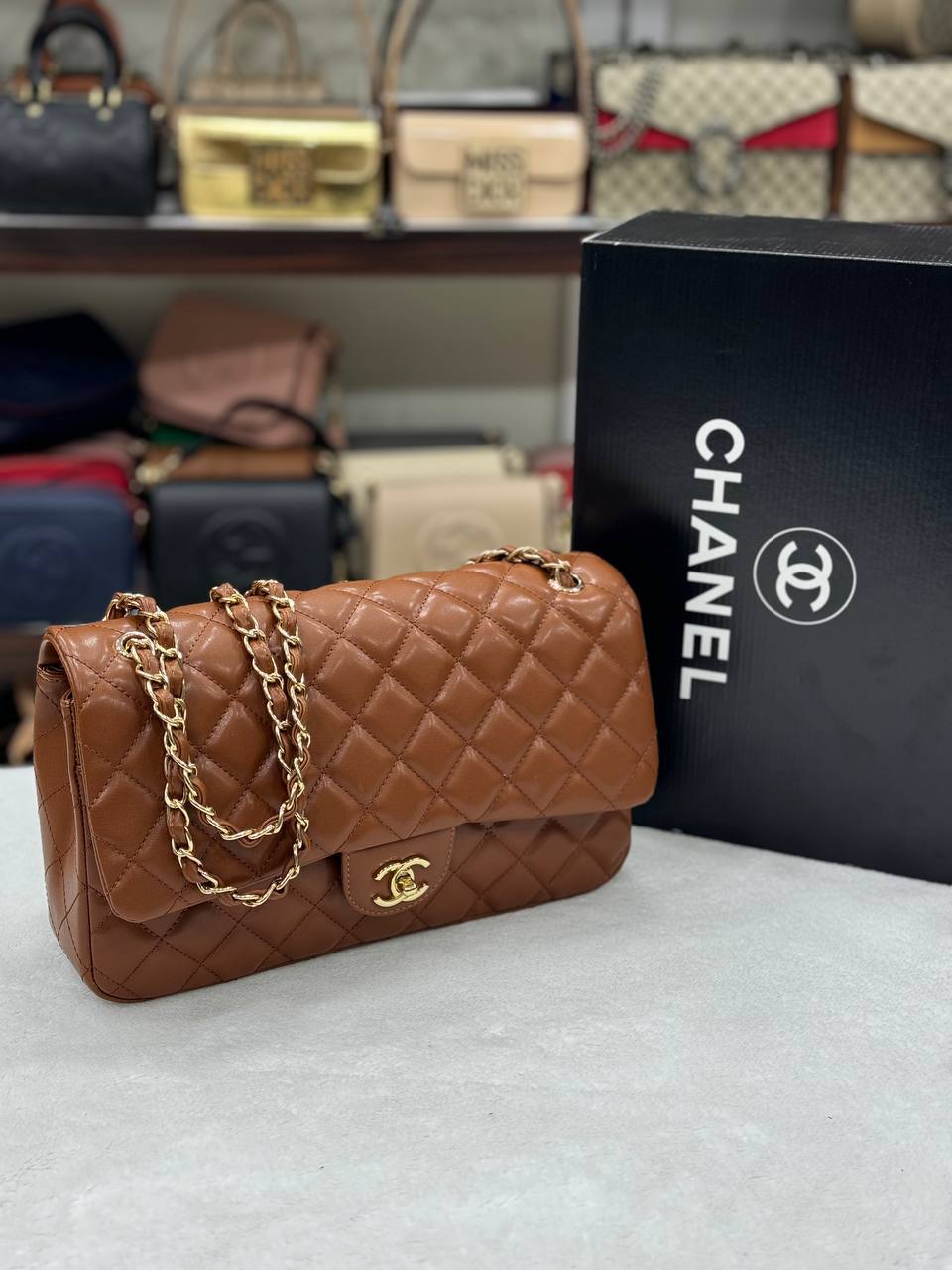 Chanel Classic Quilted CC Chain Shoulder Bag Camel