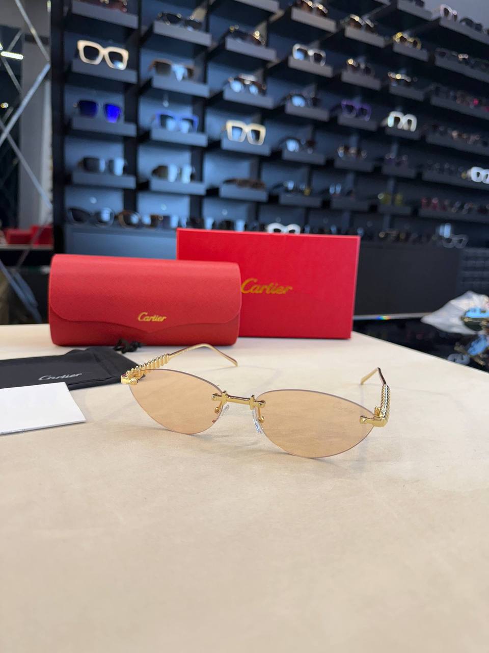 Cartier Rimless Cat Eye Sunglasses Gold Frame Beige Lenses