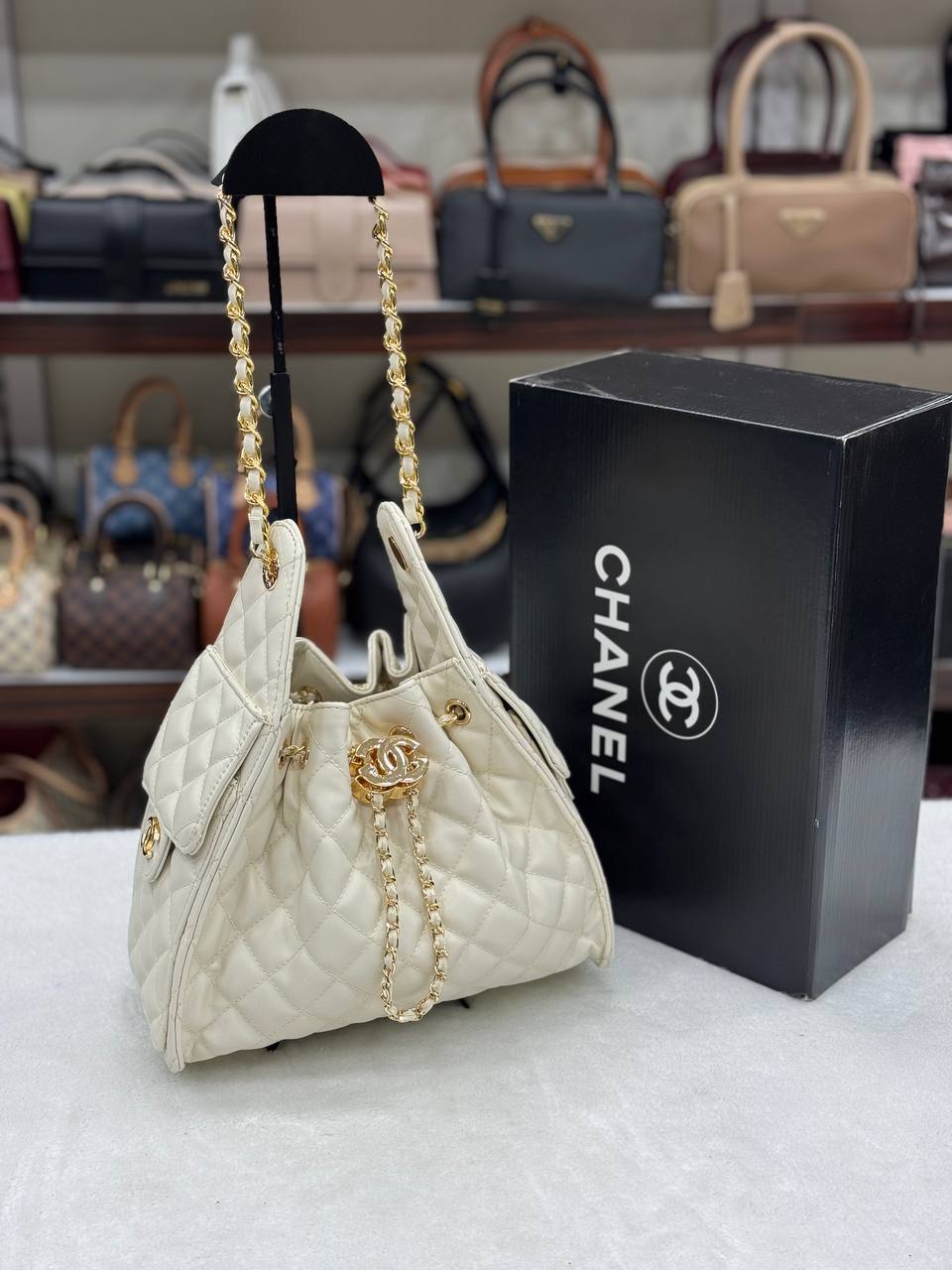 Chanel Gabrielle Hobo Bag White Quilted Leather