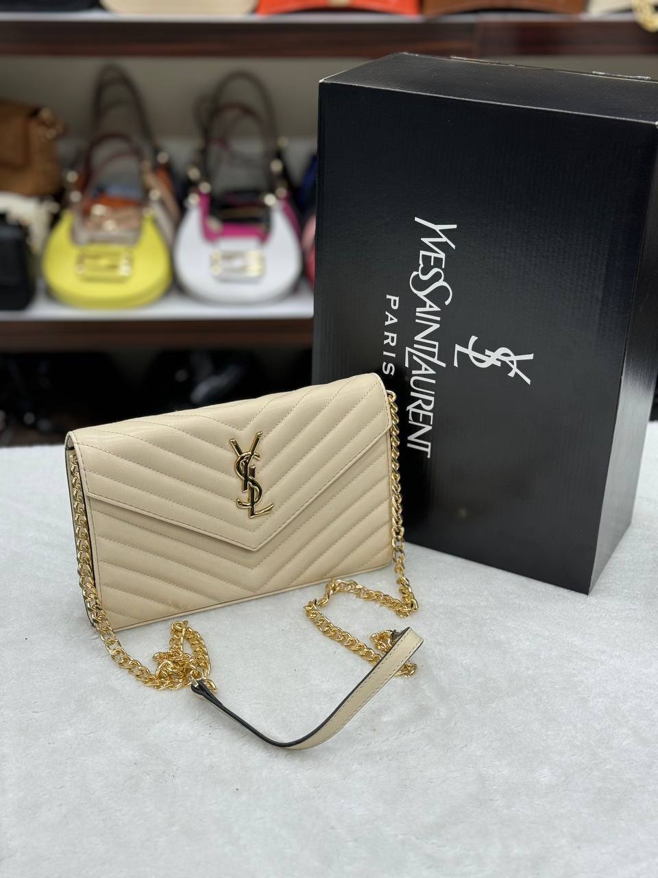 Saint Laurent Monogram Envelope Chain Wallet Beige
