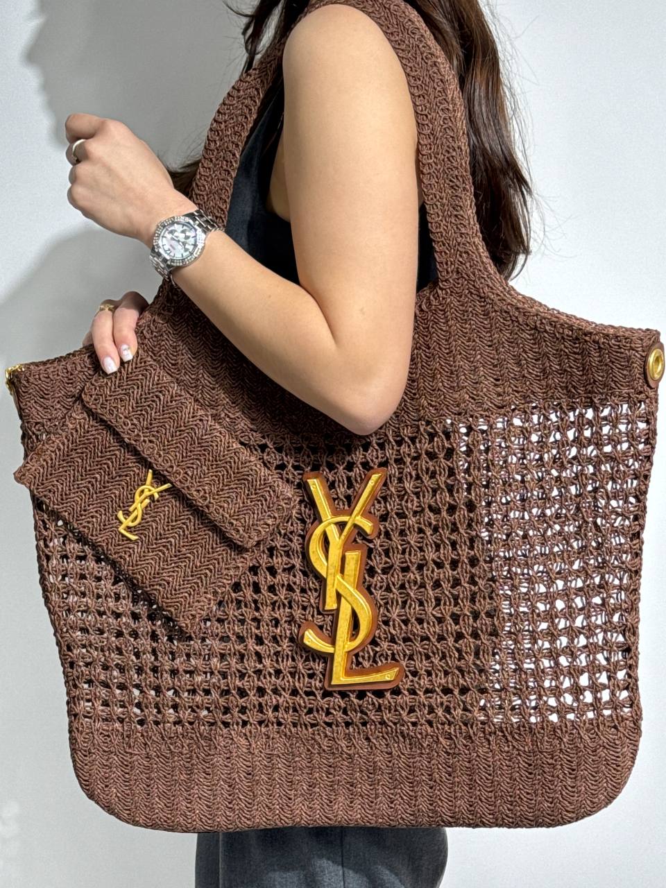 Saint Laurent YSL Raffia Tote Bag Brown