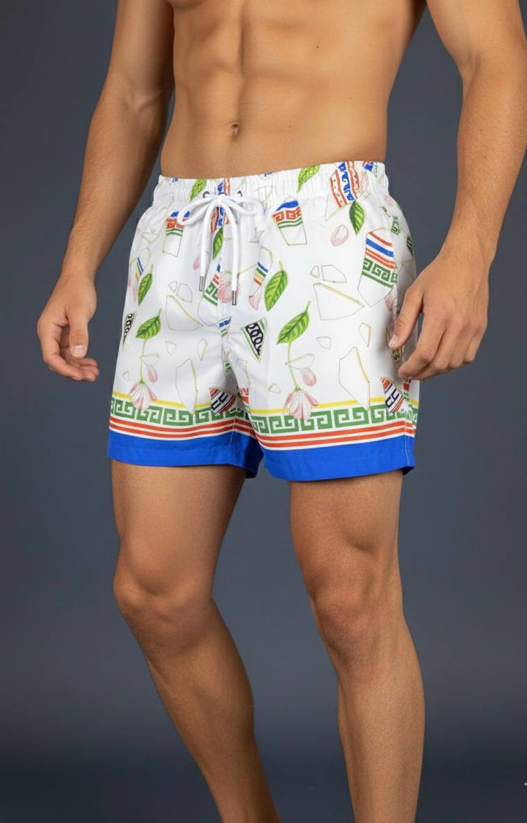 Versace Style Baroque Border Swim Shorts White