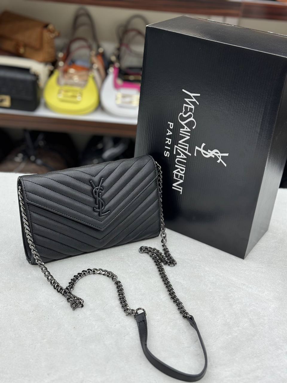 Saint Laurent Monogram Envelope Chain Wallet Black