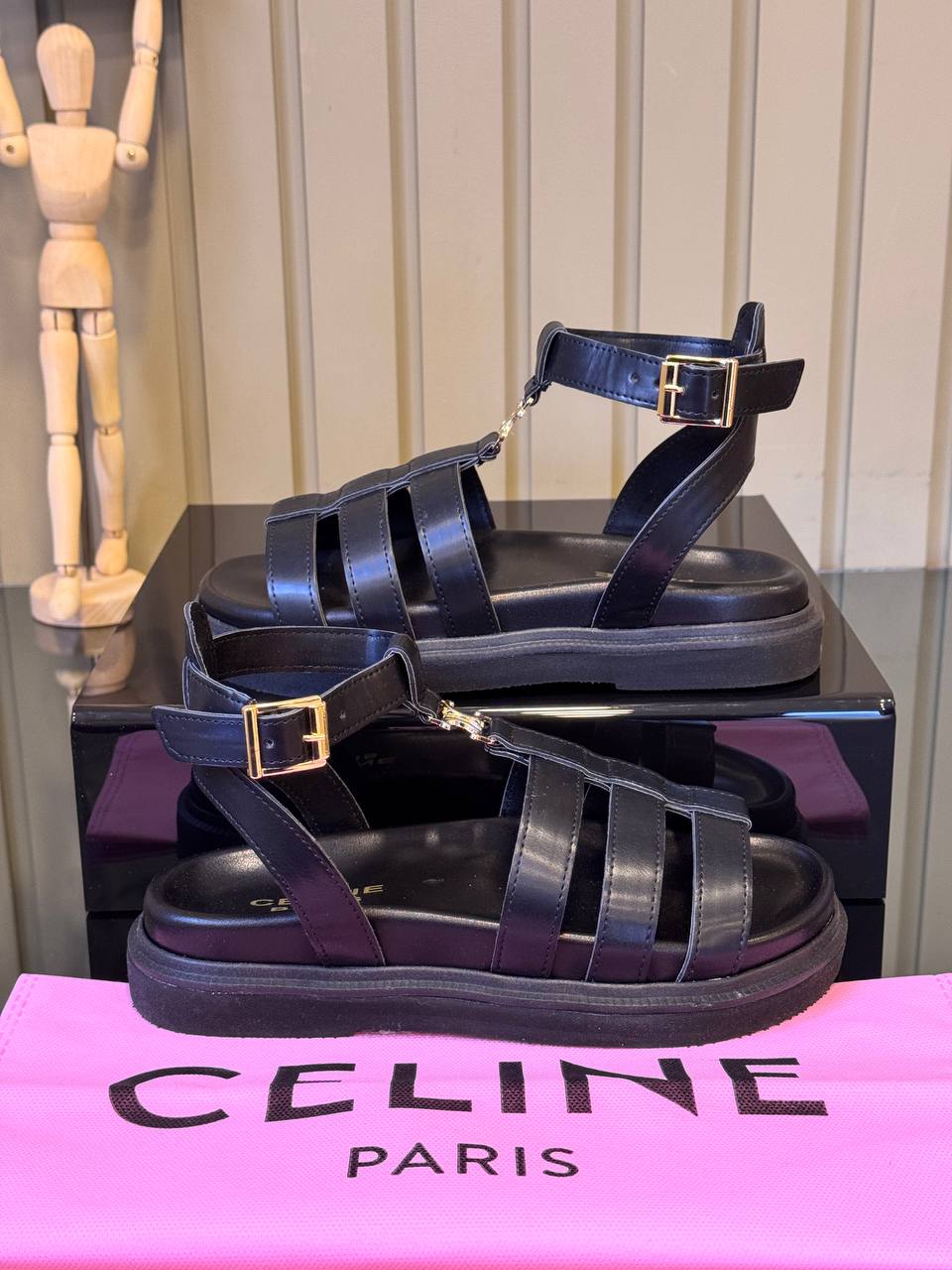 CELINE Leather Gladiator Sandals Black