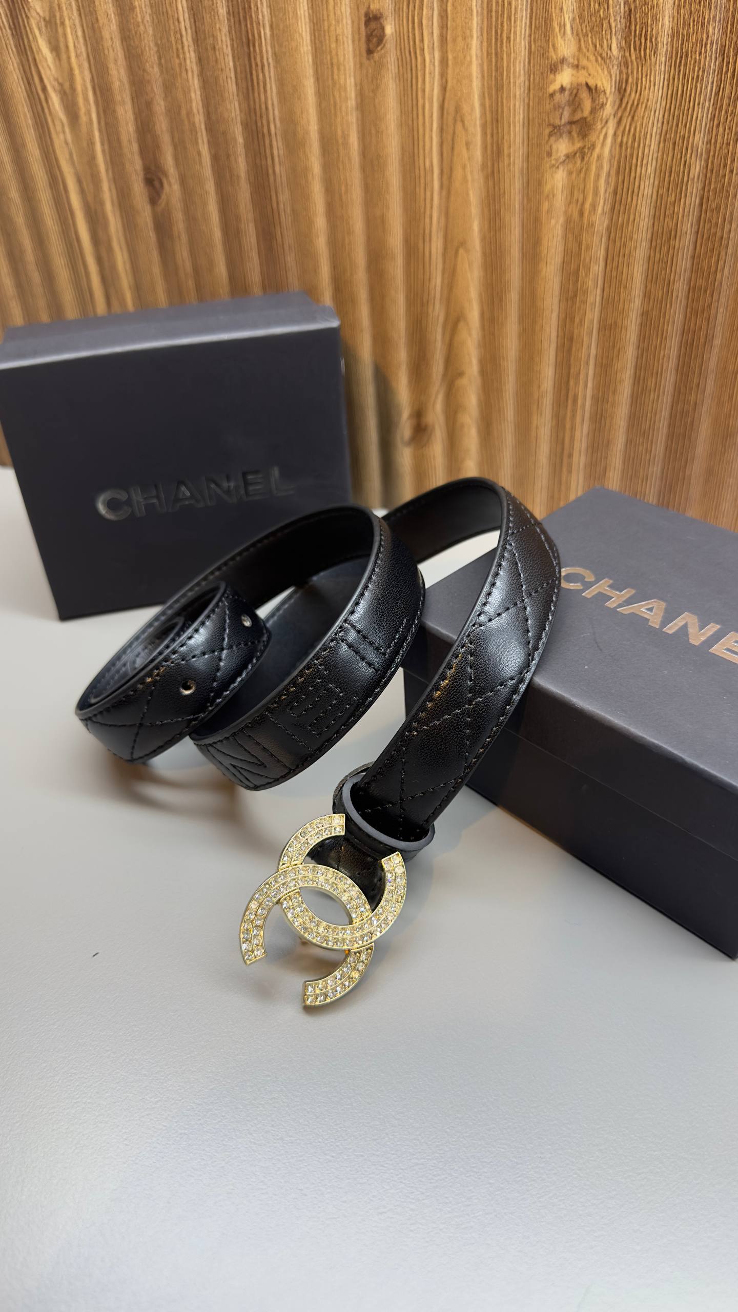 Chanel CC Crystal Buckle Leather Belt Black