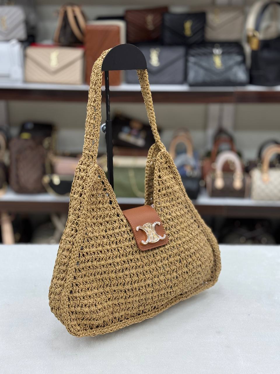 Celine Triomphe Crochet Shoulder Bag Natural