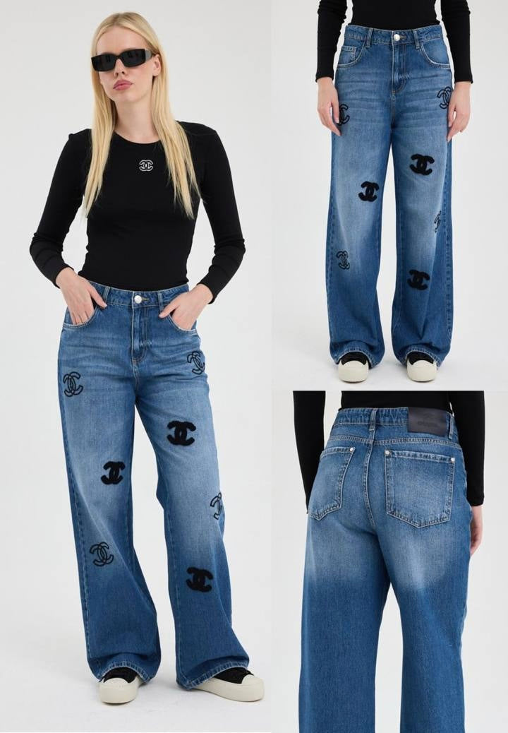 Chanel CC Logo Wide Leg Jeans