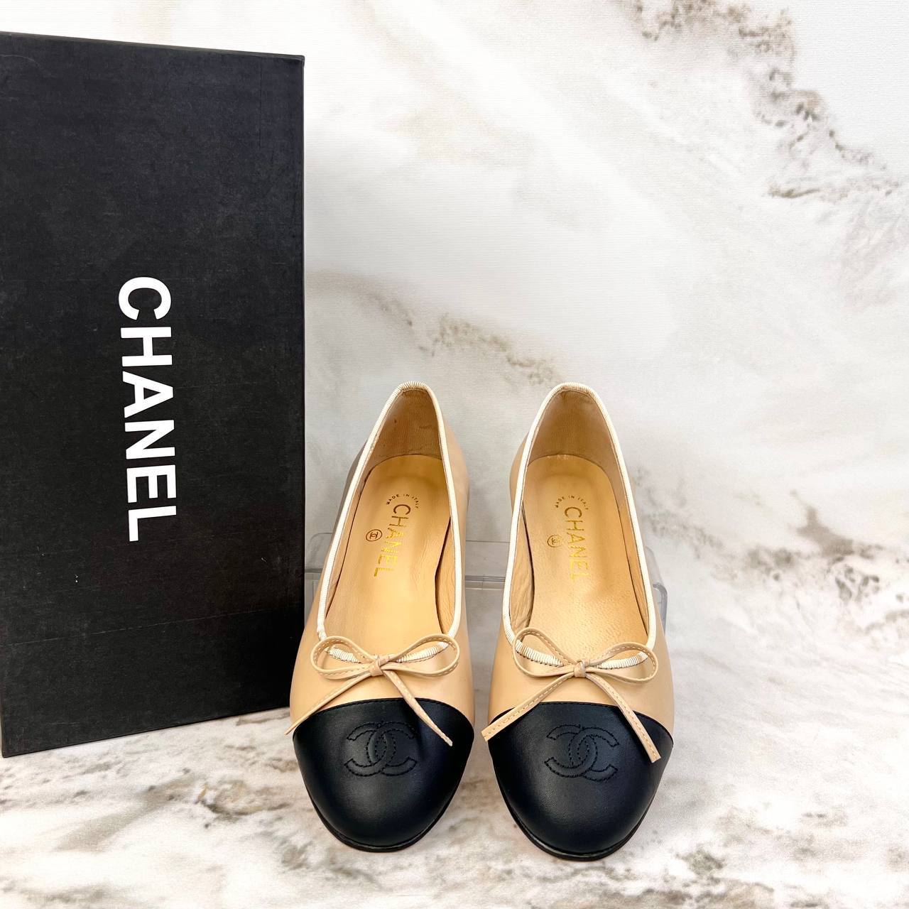 Chanel Ballerina Flats Beige Black Cap Toe