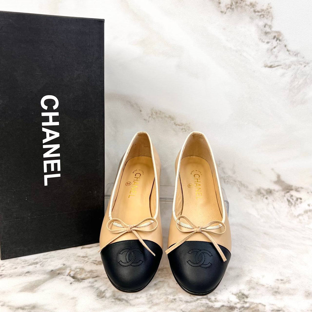 Chanel Ballerina Flats Beige Black Cap Toe
