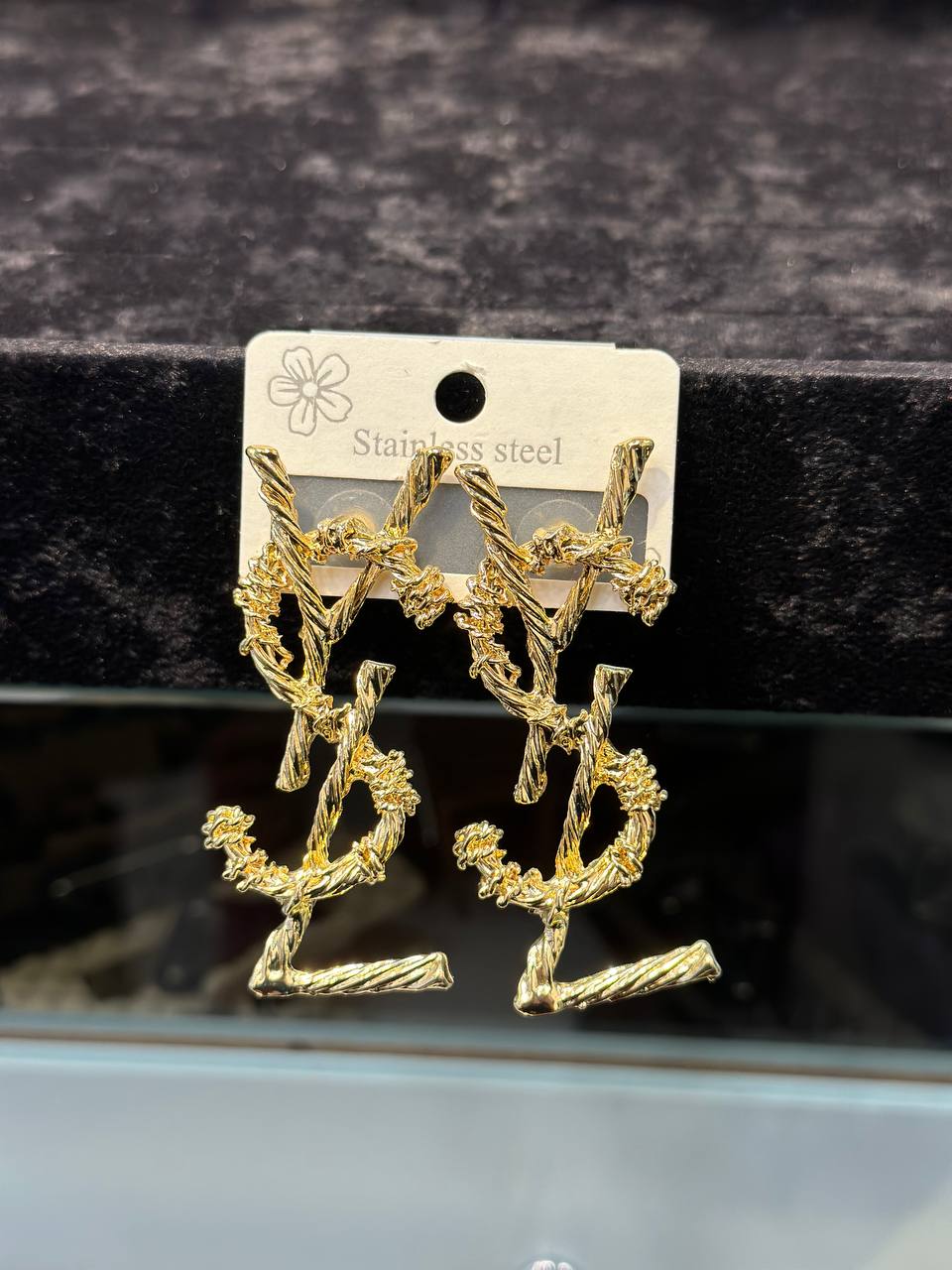 YSL Textured Gold Logo Earrings