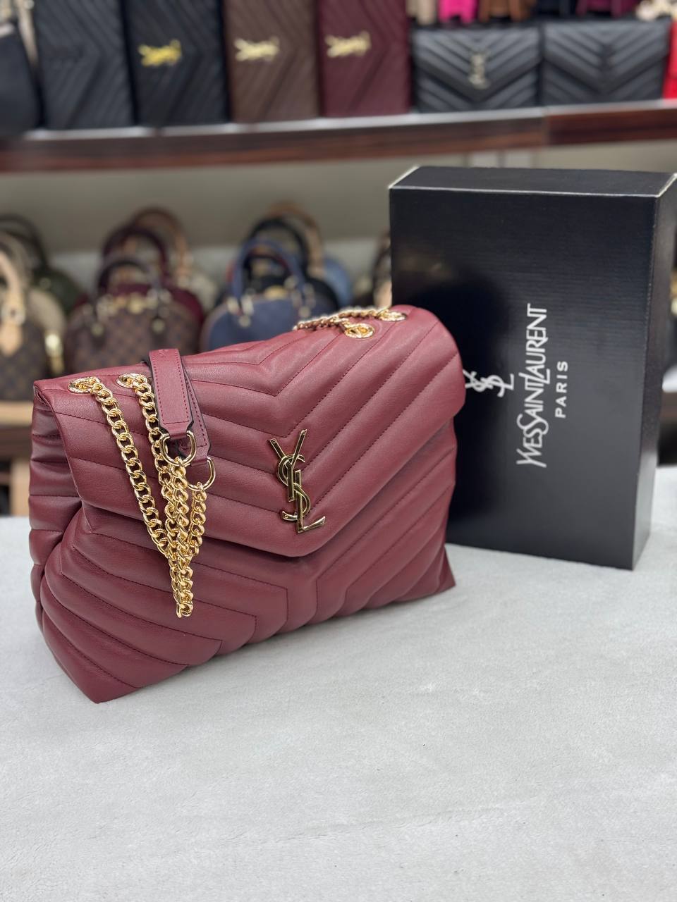 Saint Laurent Loulou Puffer Chain Bag Burgundy