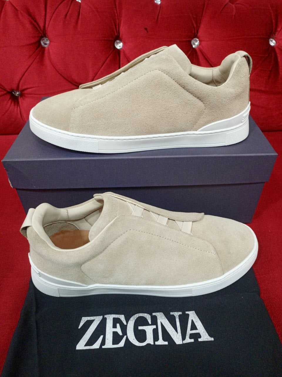 Zegna Triple Stitch Beige Slip-On Sneakers