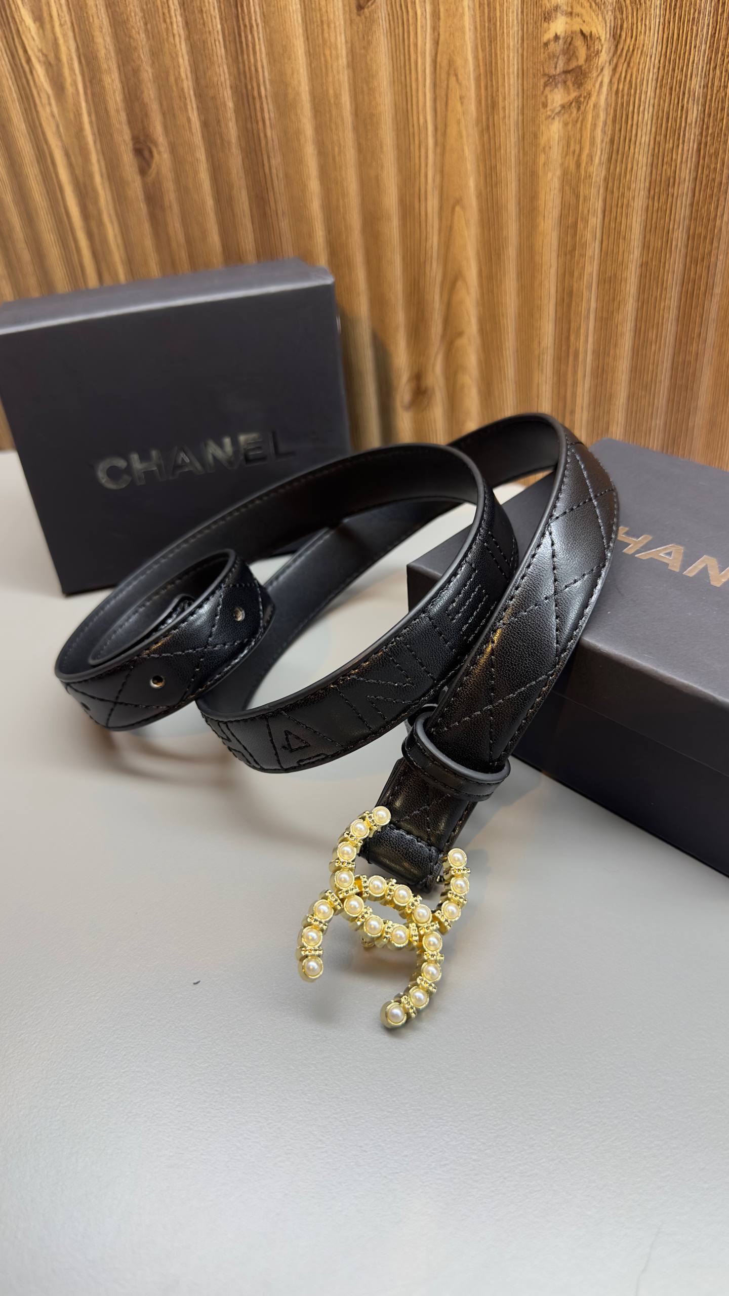 Chanel CC Pearl Buckle Leather Belt Black