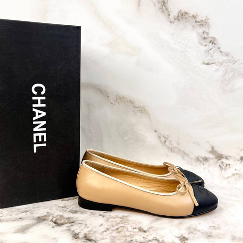 Chanel Ballerina Flats Beige Black Cap Toe