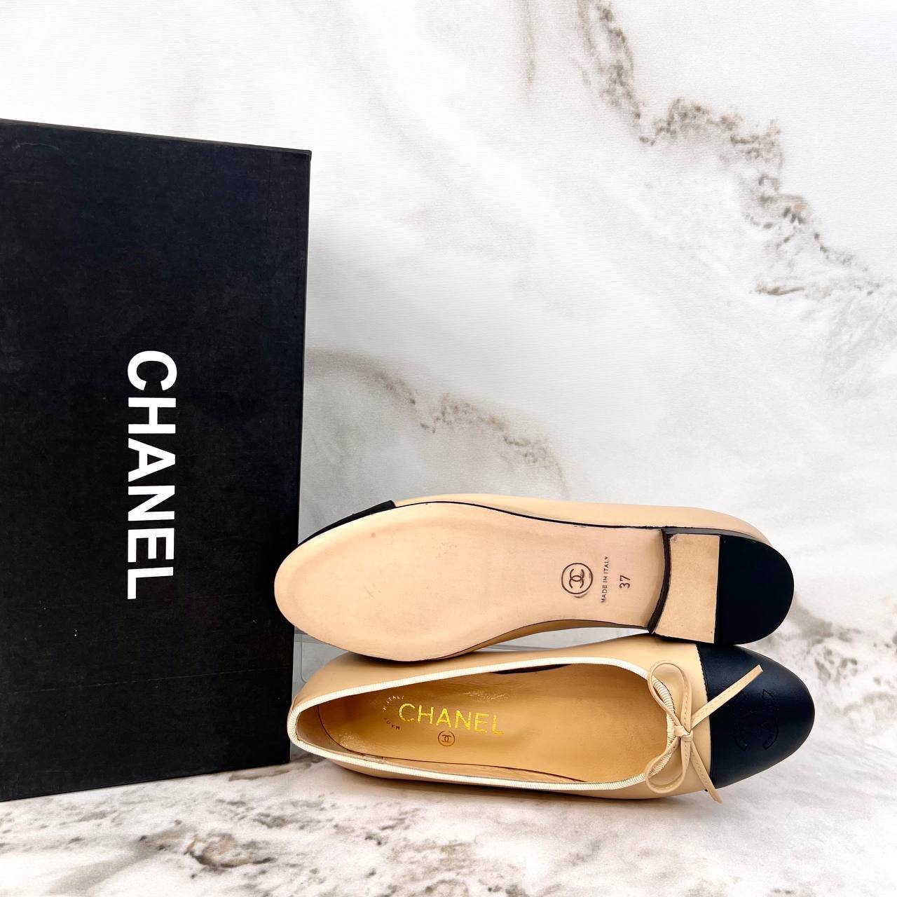 Chanel Ballerina Flats Beige Black Cap Toe