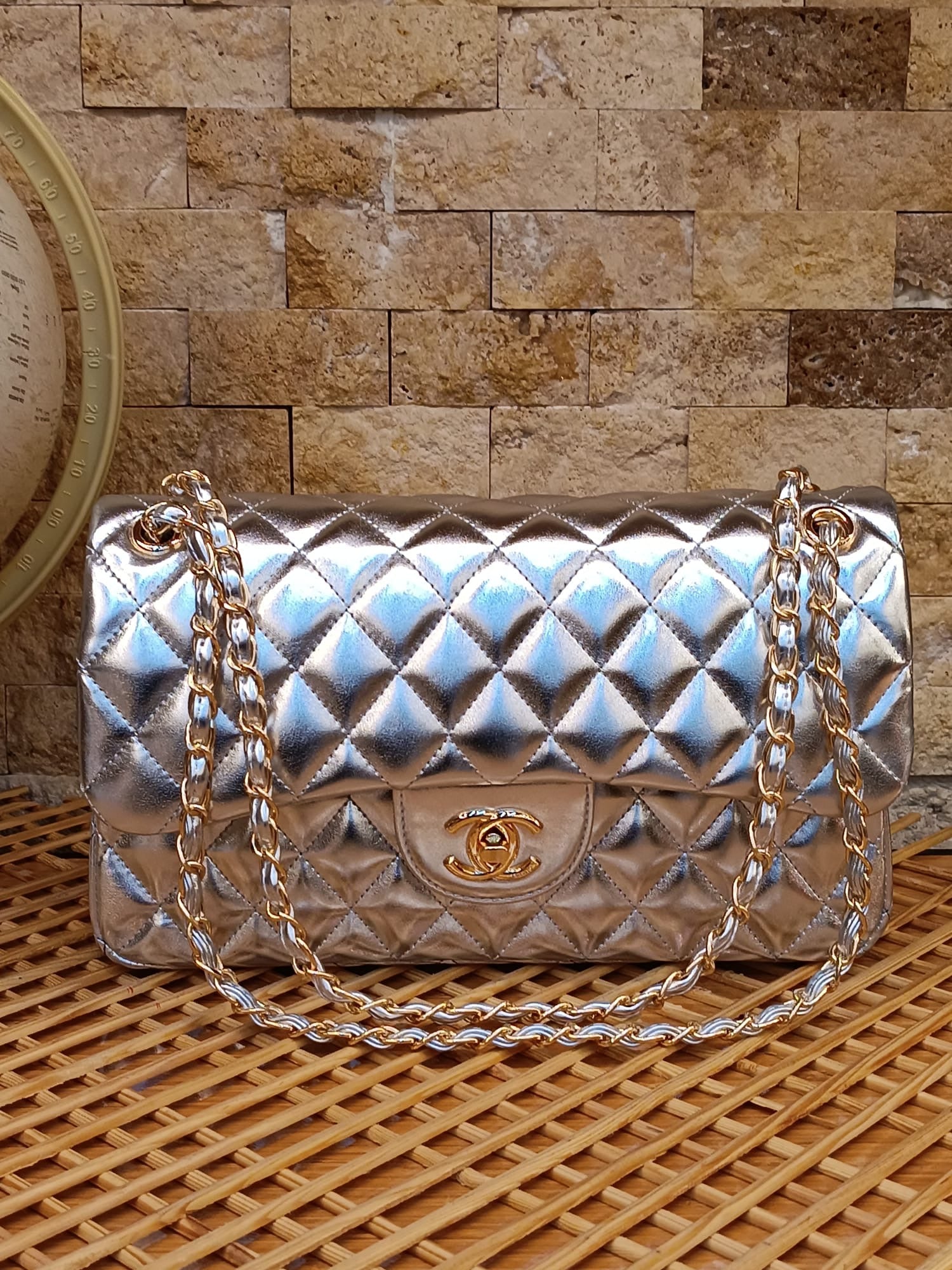 Chanel Mini Quilted CC Chain Shoulder Bag Metallic Silver
