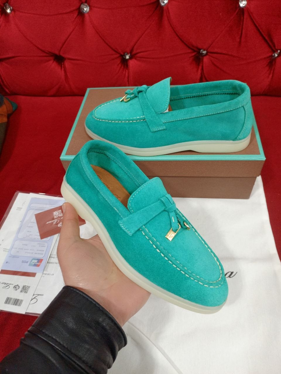 Loro Piana Summer Walk Suede Loafers Turquoise