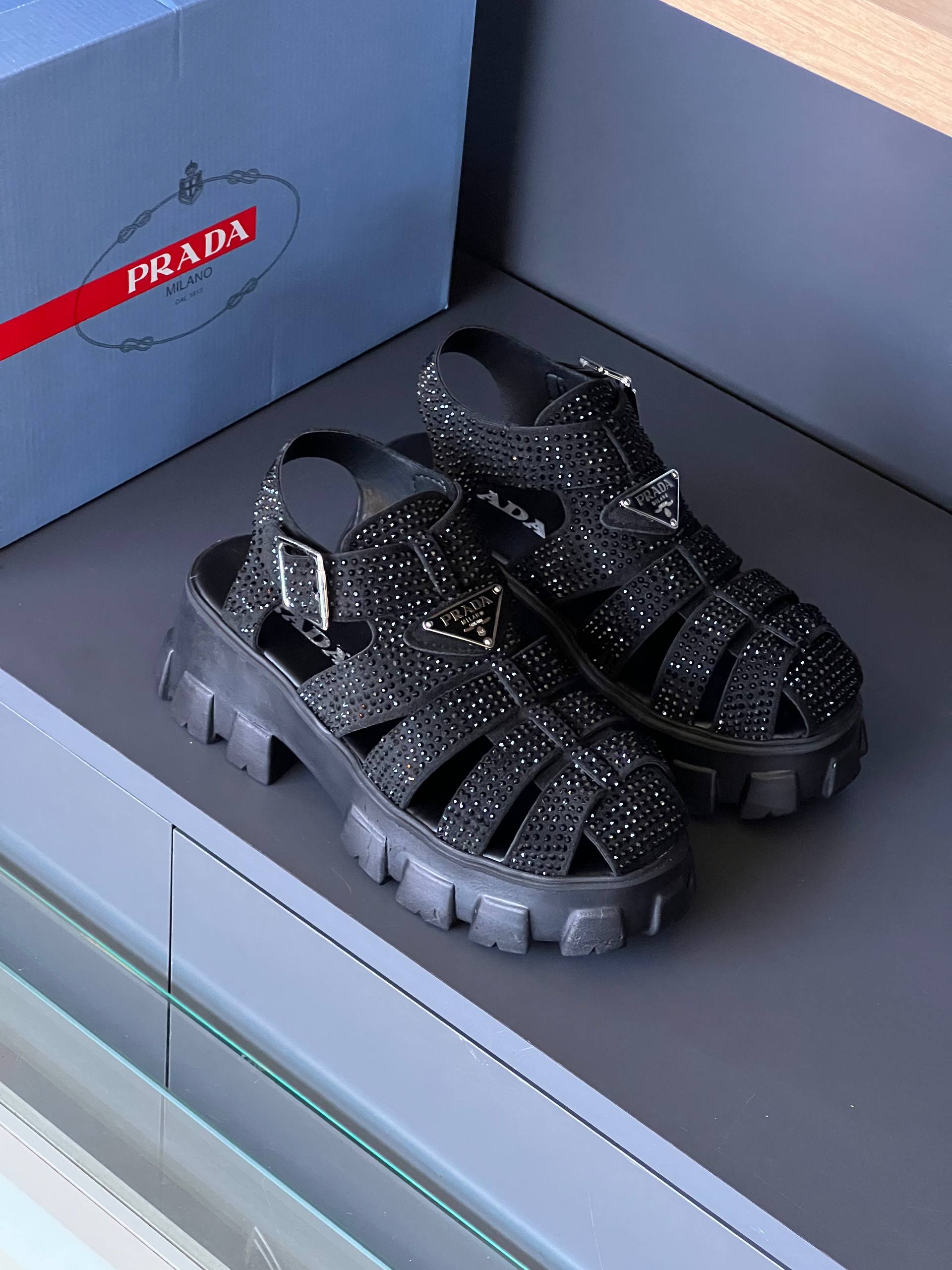 Prada Monolith Crystal Sandals