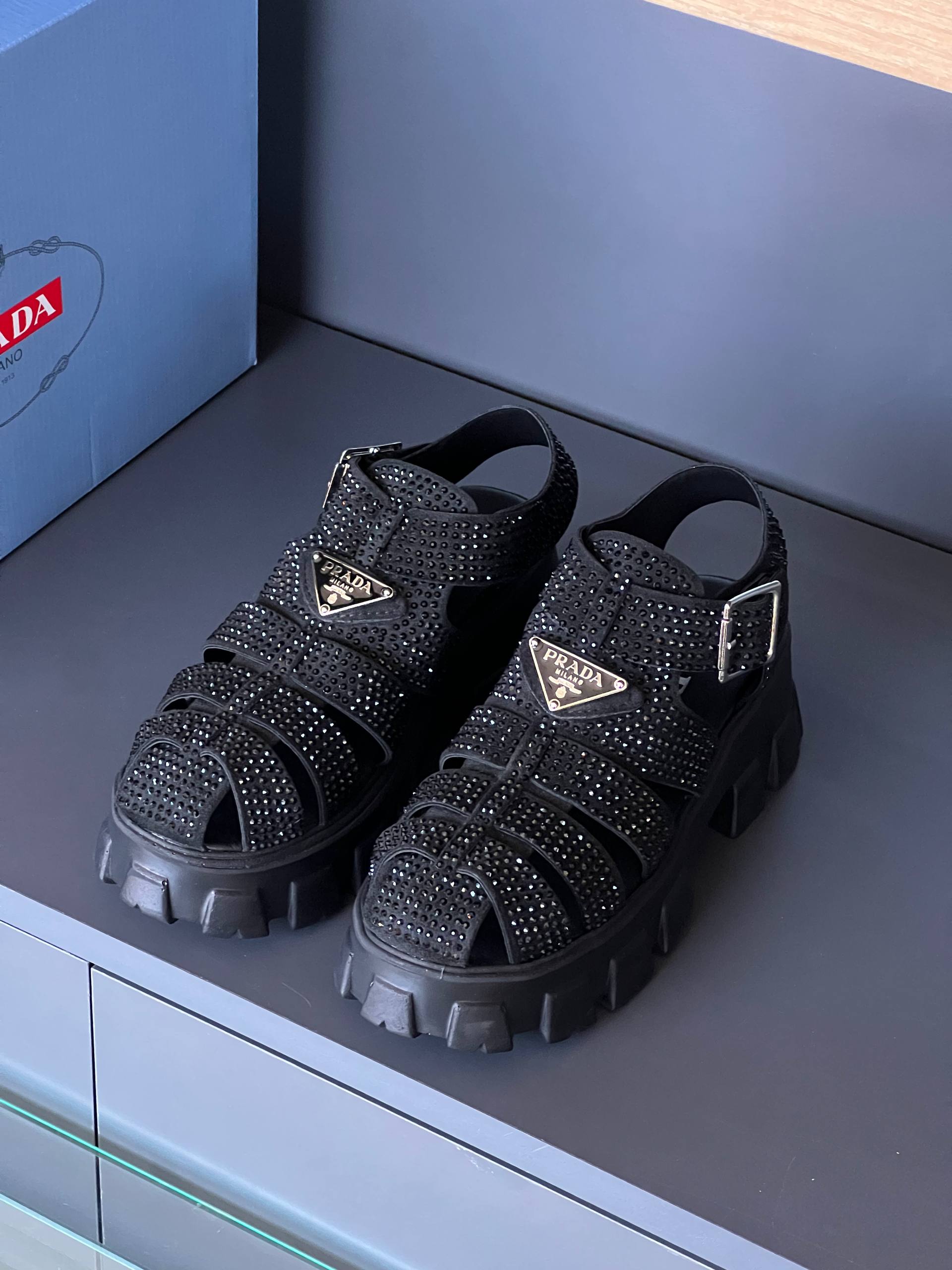 Prada Monolith Crystal Sandals