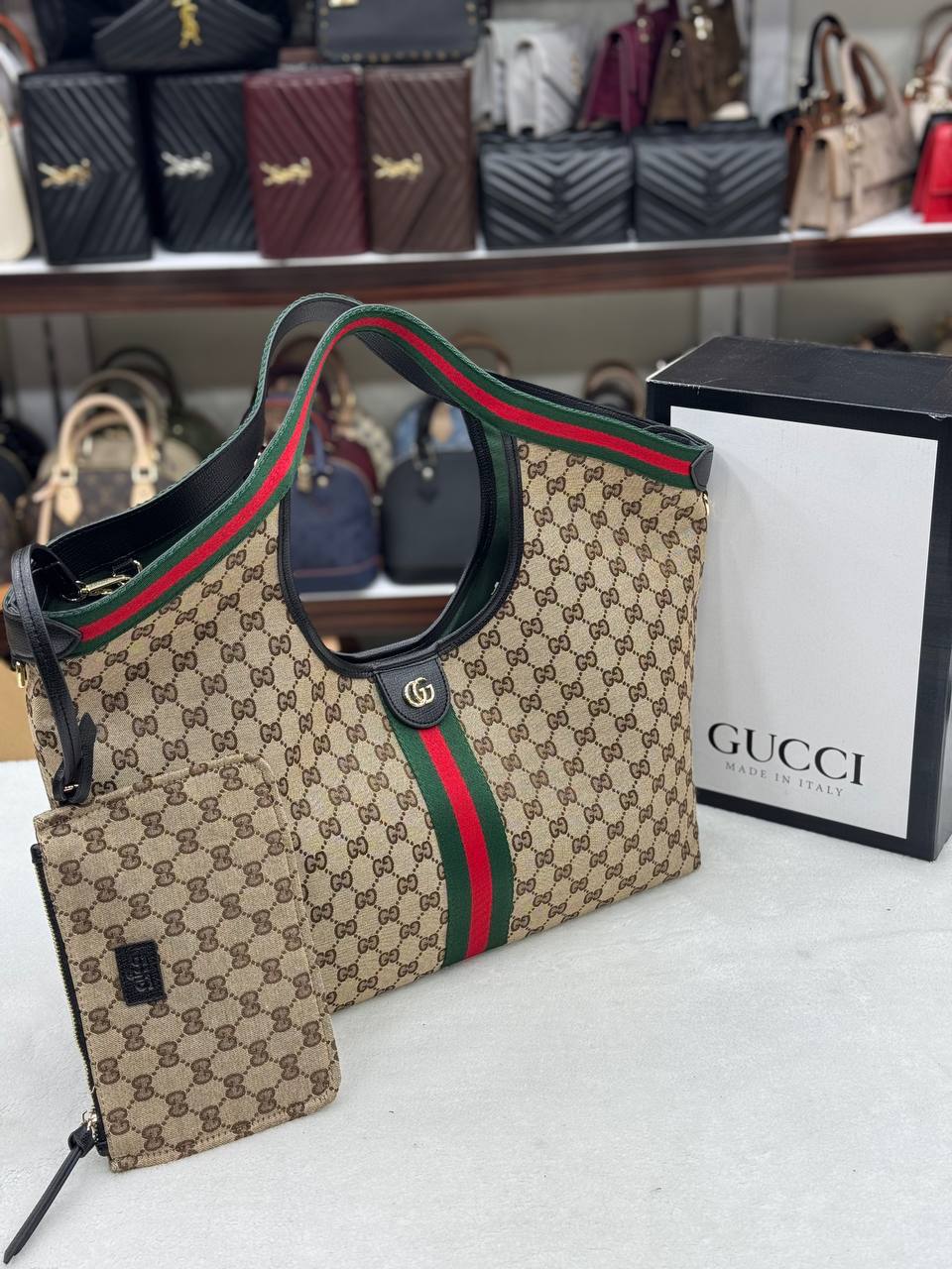 Gucci Ophidia GG Supreme Shopper Bag Beige Black