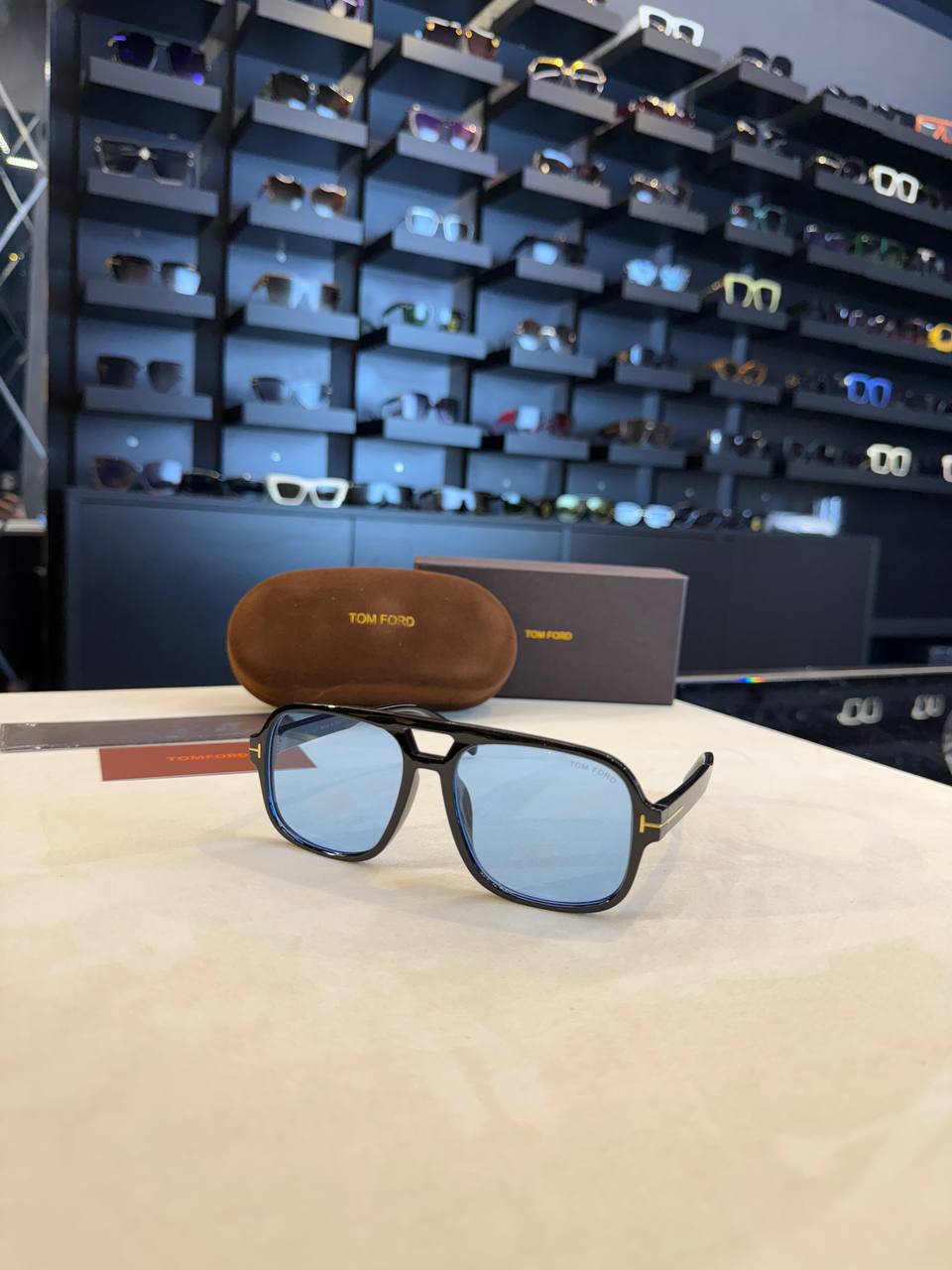 Tom Ford Square Aviator Sunglasses Black Frame Blue Lenses