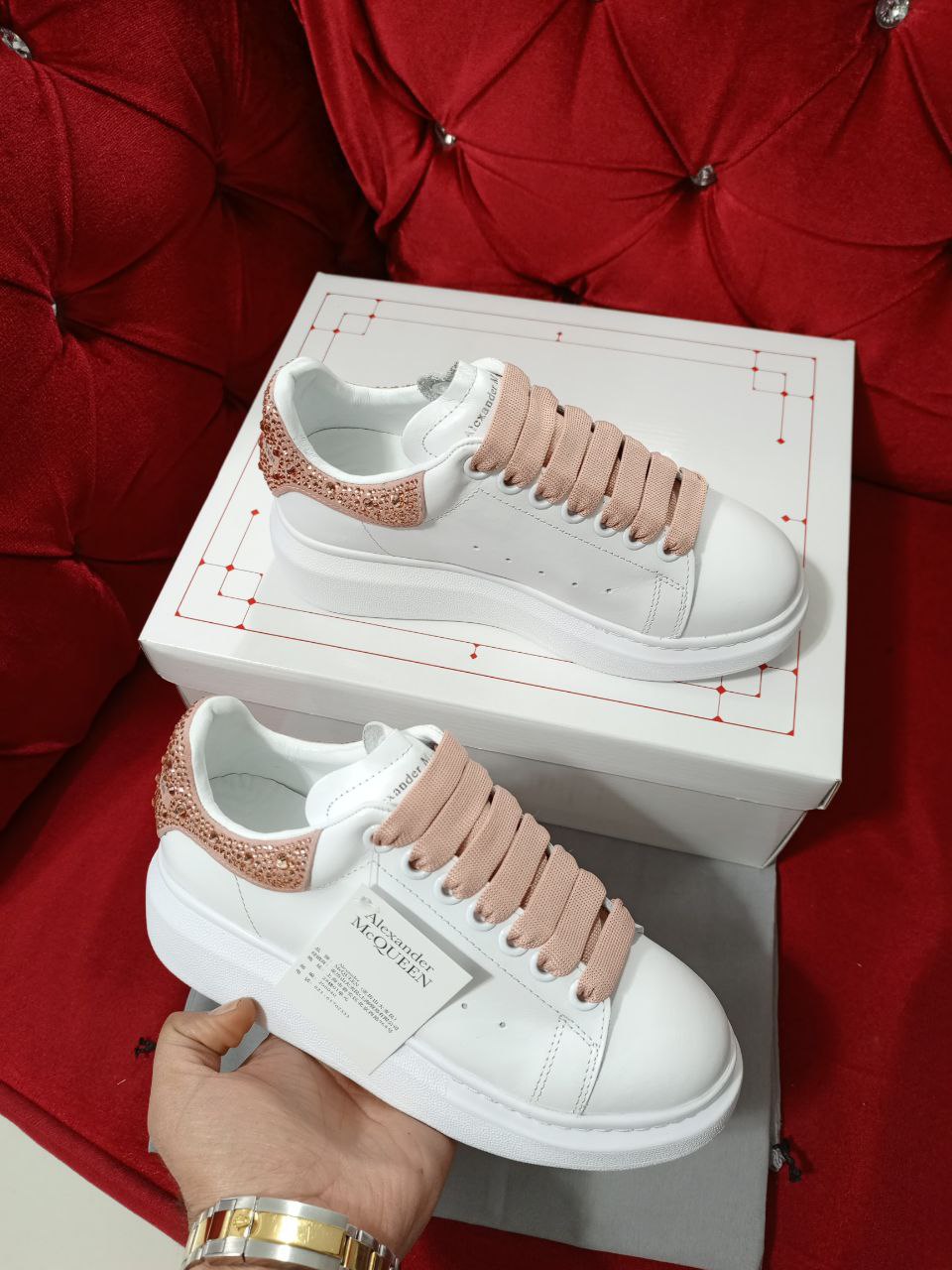 Alexander McQueen Oversized Sneakers White Pink Crystal Heel