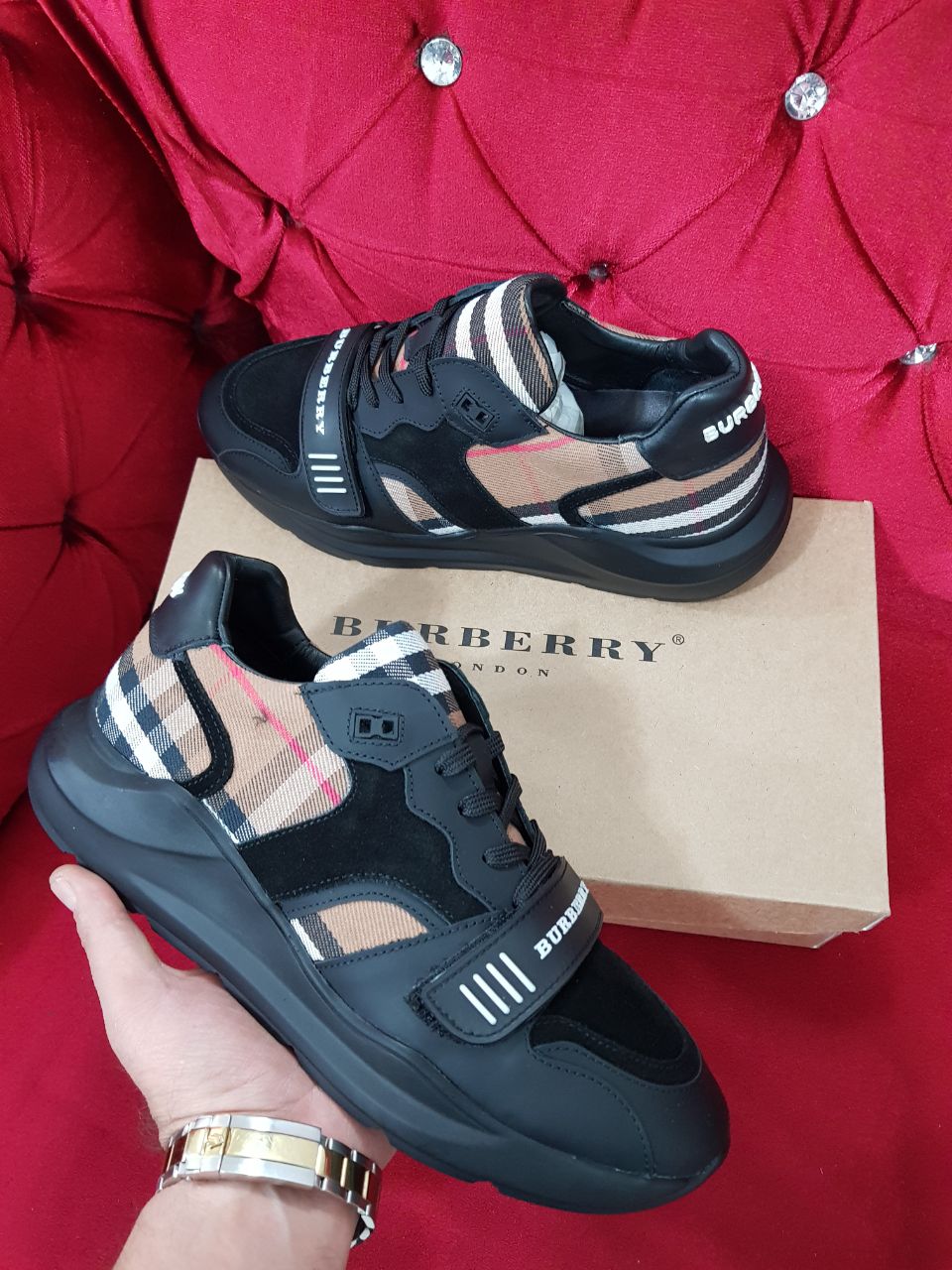 Burberry Check Panel Leather Sneakers Black
