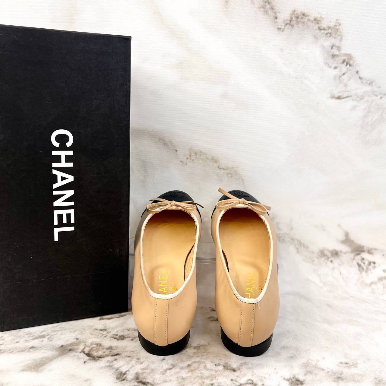 Chanel Ballerina Flats Beige Black Cap Toe