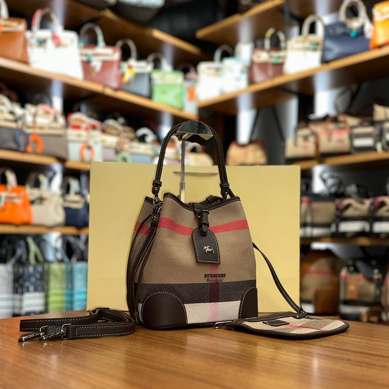 Burberry Check Bucket Bag Brown
