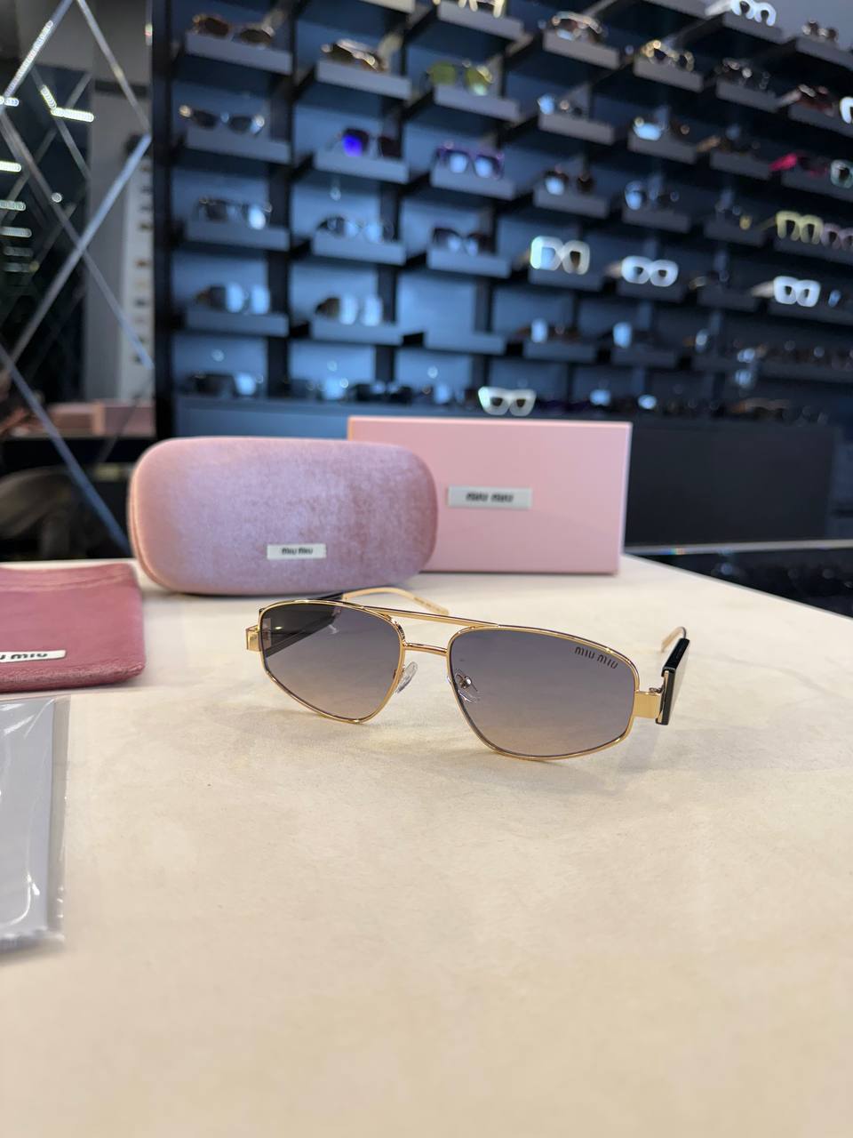 Miu Miu Rectangular Aviator Sunglasses Gold Frame Grey Gradient