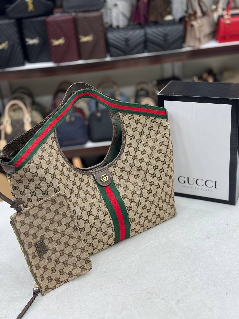 Gucci GG Giglio Canvas Tote Bag Dark Brown