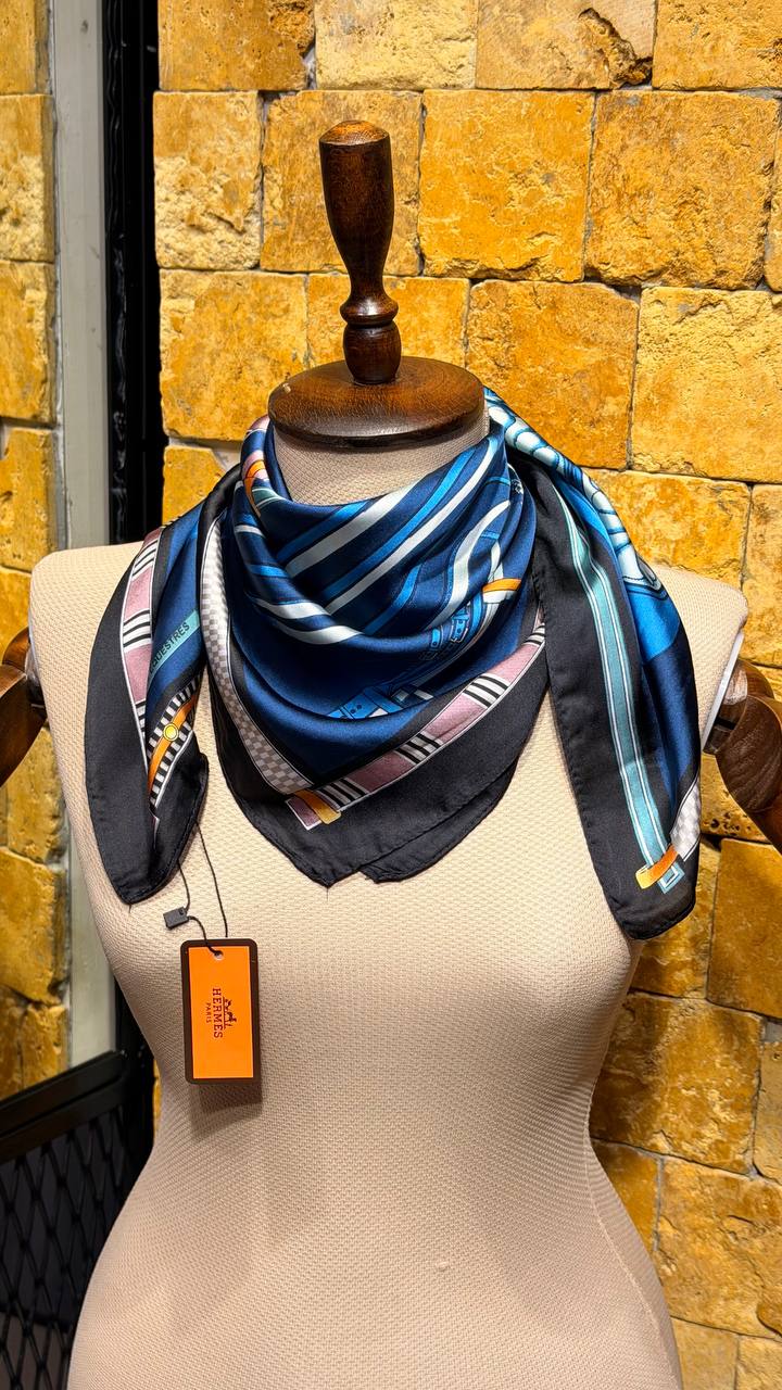 Hermès Cavalcades Silk Scarf Blue & Black