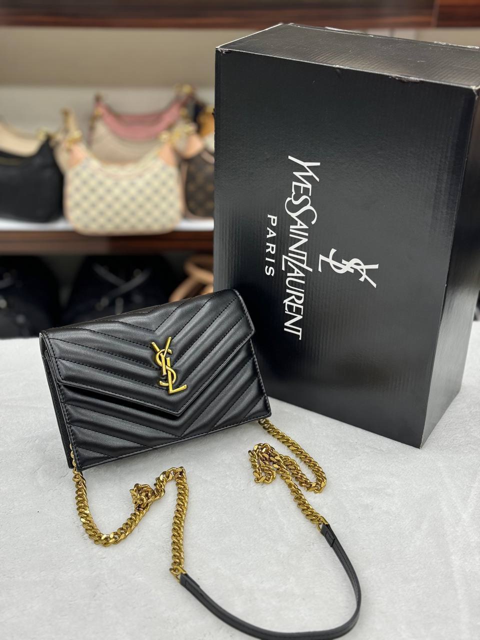 Saint Laurent Monogram Envelope Chain Wallet Gold