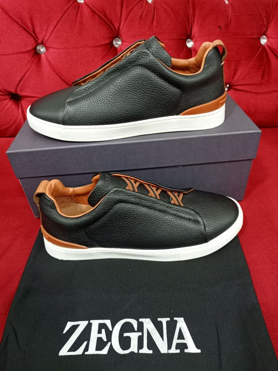 Zegna Triple Stitch Leather Slip-On Sneakers Black