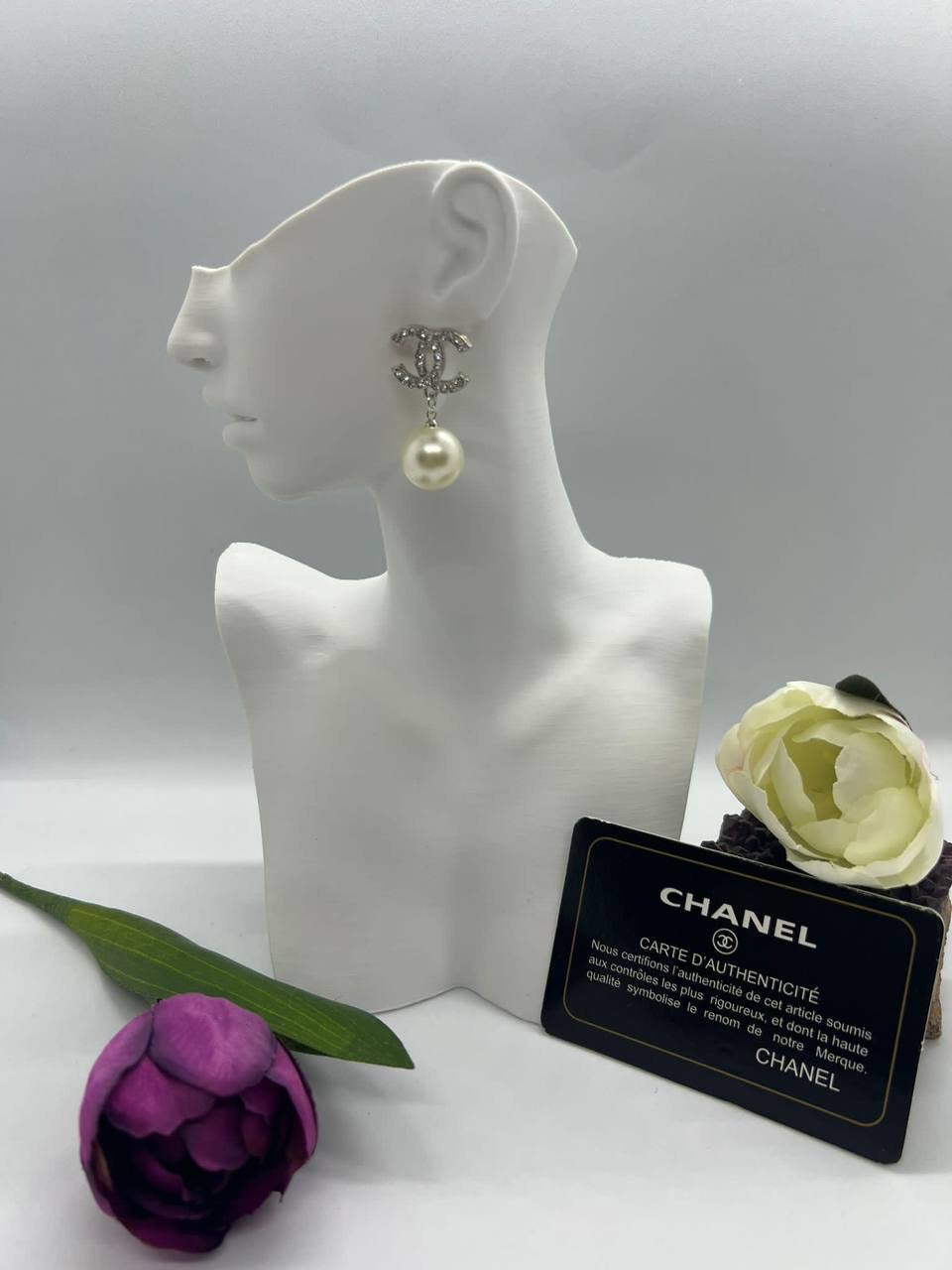 Chanel Inspired Pearl Drop CC Earrings Silver