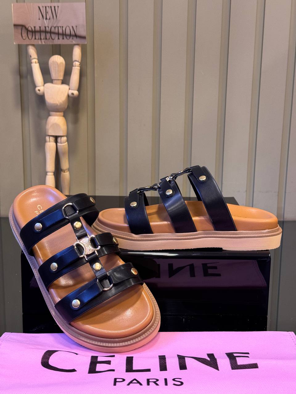 CELINE Leather Slide Sandals Black