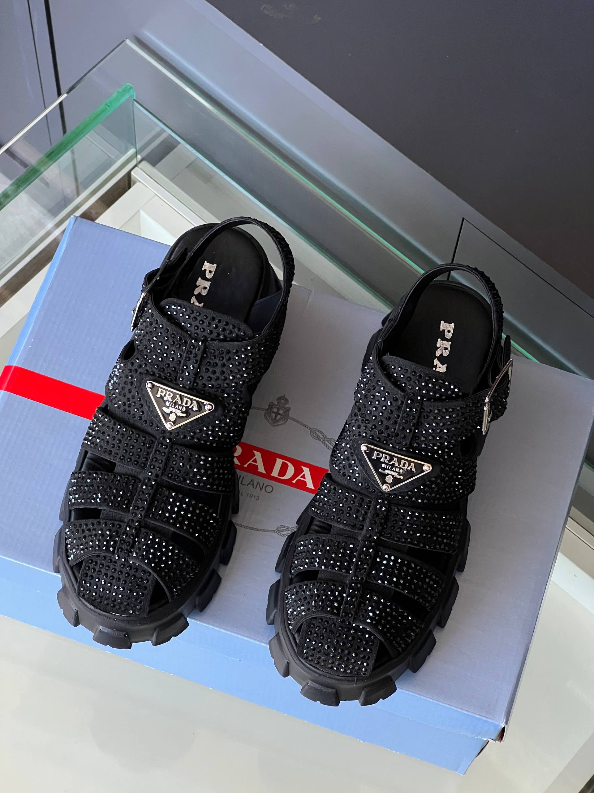 Prada Monolith Crystal Sandals